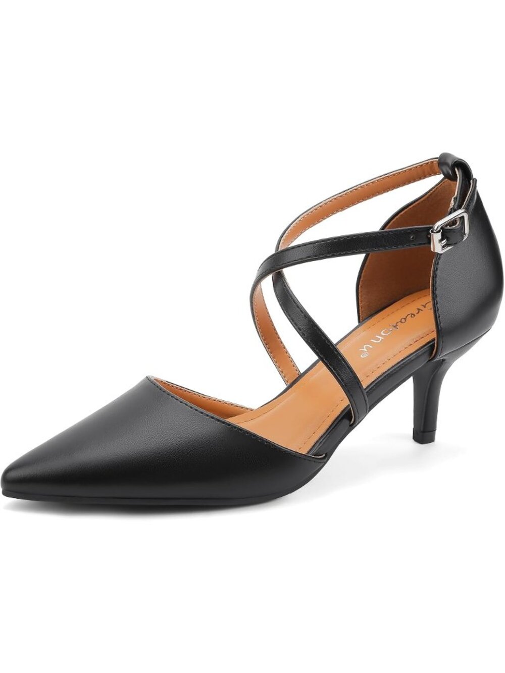 Women's Black Kitten Closed Pointed Toe Heels Low Heel Cross Strap Dress Shoes
